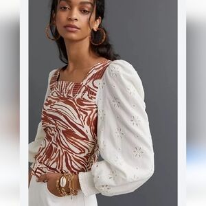Anthropologie Love the Label eyelet puffed smock sleeve blouse NWT XS